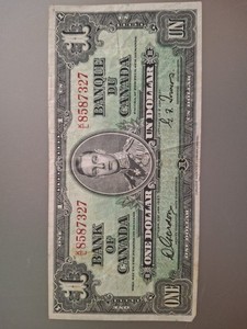 1937 BANK OF CANADA ONE 1 DOLLAR BANKNOTE  K/L8587327 GORDON TOWERS