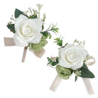 Wrist Corsage And Boutonniere Set Artificial Flower White Light Green 2 PC