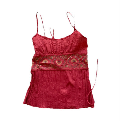 Cherish Women's Red Sleeveless Scoop Neck Woven Embroidered Cami Tank Top, S