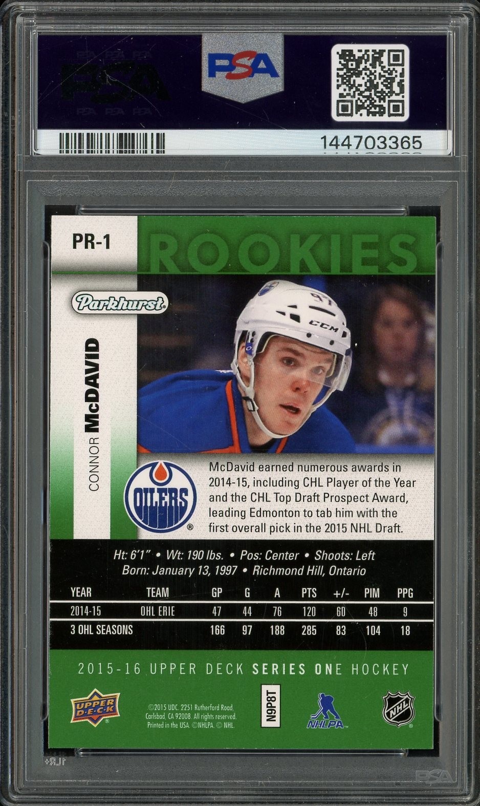 2015-16 Upper Deck Parkhurst RC #PR1 Connor Mcdavid PSA 9 view 2