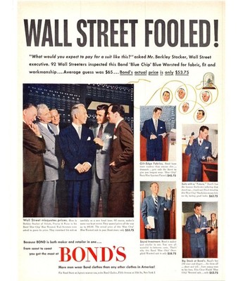 1951 Bond's Menswear Business Suit Vintage Print Ad Wall Street Banker Wall Art