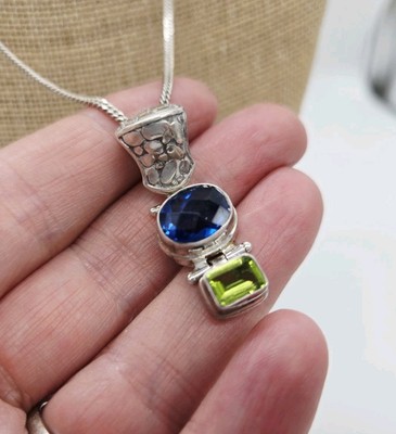 Sarda Pendant Sterling Silver 925 Necklace Double Stone Blue Green 20 in