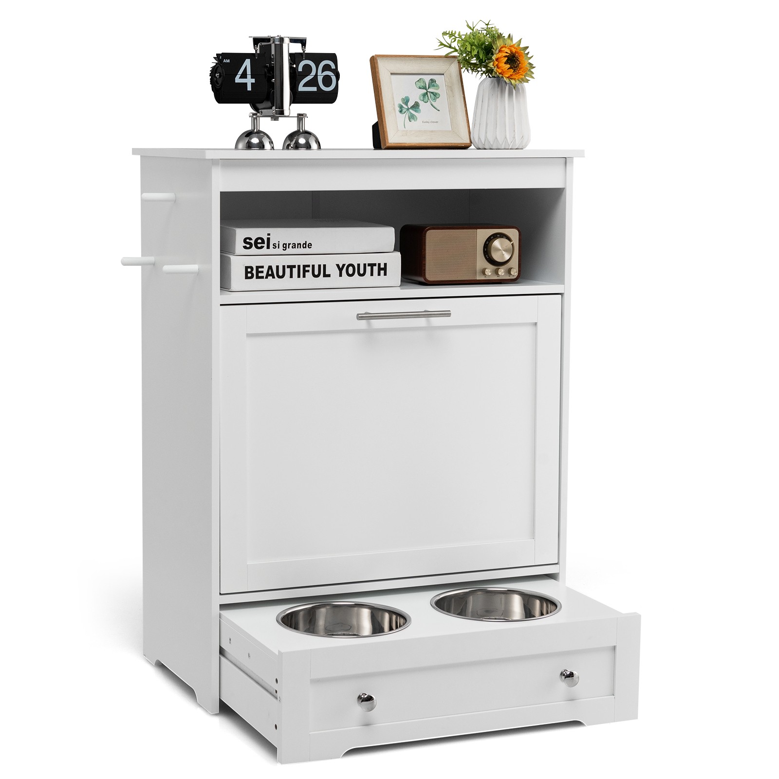 Pet Feeding Station Furniture w/ Double Pull Out Dog Bowl Food Cabinet White