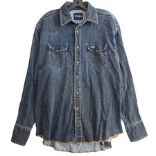 WRANGLER Shirt Mens Large Blue Denim Pearl Snap Chambray Western Cowboy Rodeo