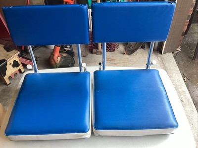 2 Vintage Blue White Folding Stadium Boat Bleacher Padded Seat Chairs USA Made
