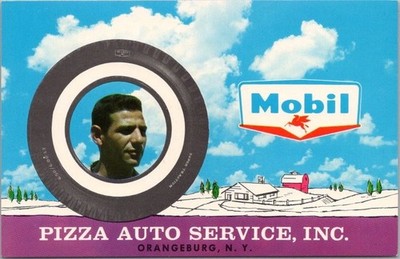 Vintage 1950s ORANGEBURG, New York Postcard PIZZA AUTO SERVICE Mobil Gas Station