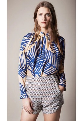 SMYTHE Leaf Print Silk-Blend Blouse Gathered Yoke Button Cuff Long Sleeve XS
