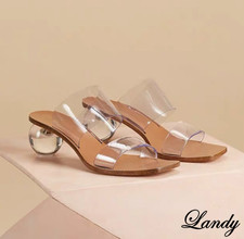 Transparent Sandals Womens Square Toe Crystal Slippers Shoes Med Ball Heel Pumps