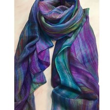 Handwoven Mulberry Silk Scarf: Ombre Purple, Blue, Green