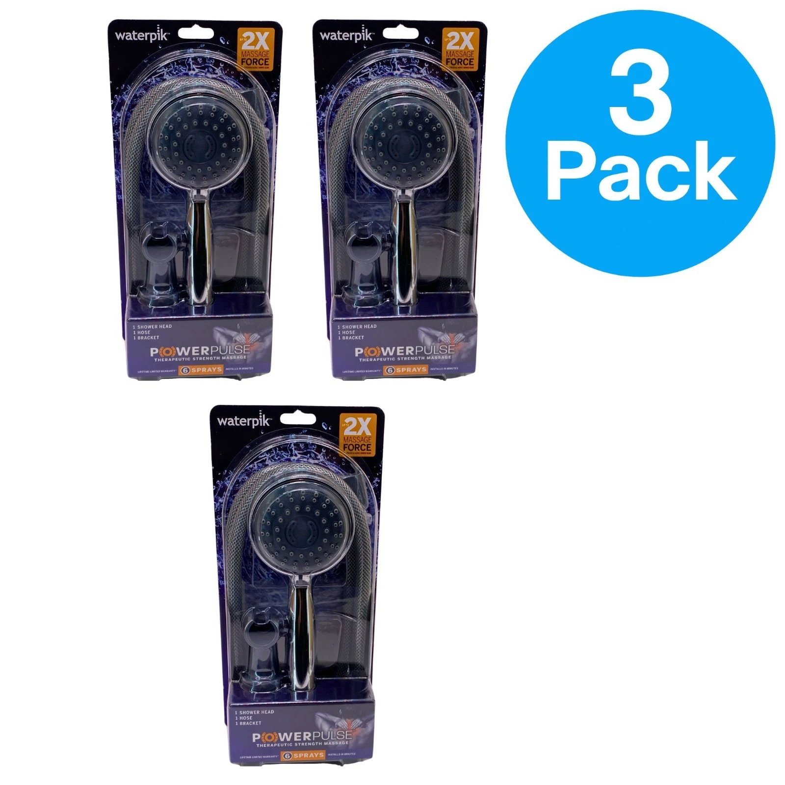Waterpik PowerPulse Therapeutic Massage Shower Head 6-Spray Chrome 3 Pack Set
Opens in a new window 