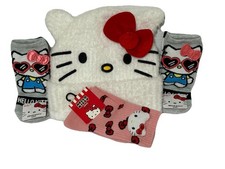 Hello Kitty Plush Winter Hat With Bow  5 New Socks   Sanrio Character Bundle