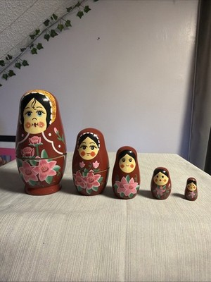 SET OF 5 RUSSIAN NESTING DOLLS - Handcrafted- The Art Of Matryoshka Vintage Pink