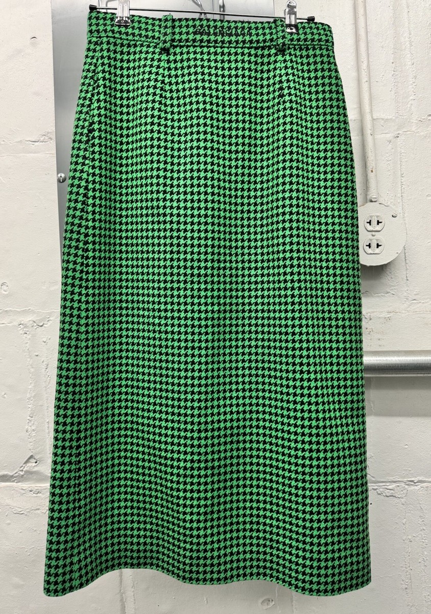 スカート BALENCIAGA SKIRT (838764TRO31 1055) Balenciaga Black Green Houndstooth Midi Wool Skirt $1150 NEW
