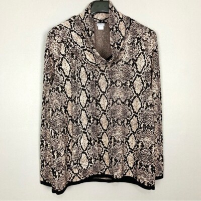 Chico s Python-Print Tie Neck Sweater Women s Size L Removable Scarf Metallic