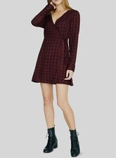 $294 Sanctuary Womens Red Black V-Neck Check Upbeat Tie-Front Wrap Dress Size 4