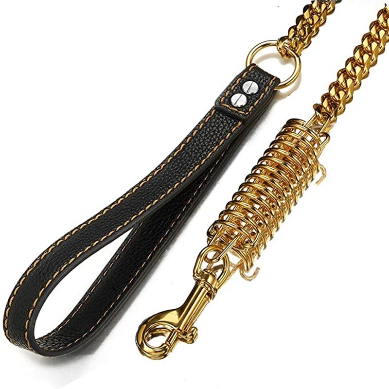 15mm Width Gold Tone Stainless Steel Cuban Link Chain Labor-saving Spring  Leash - Image 4 of 4