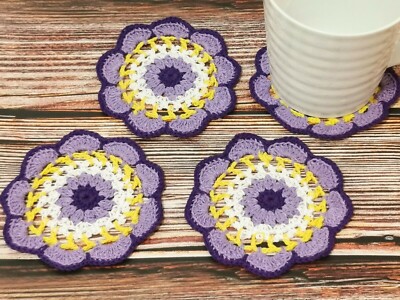 4er Set Handarbeit Häkel Untersetzer Lila Becher Teppich Bunt Blumen Blume