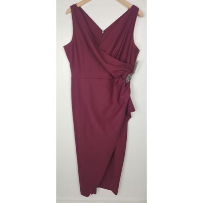 Alex Evenings Women's Sz. 16P Slimming Long Side Ruched Dress Wine NWT