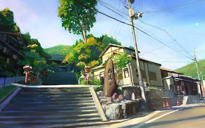 Anime artwork stairs power lines trees traffic cone Playmat Gaming Mat Desk