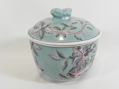 Neiman Marcus Blue con ciotola/vaso in porcellana uccellini con coperchio - Made in Macao - Foto 7 di 21