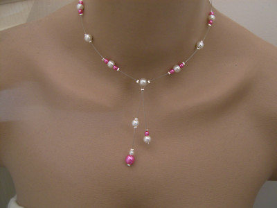 Collier Perles Ivoire Et Rose Fuchsia - Pour Robe De Mariée, Soirée - Bijou Fantaisie Pas Cher - Neuf Avec étiquettes