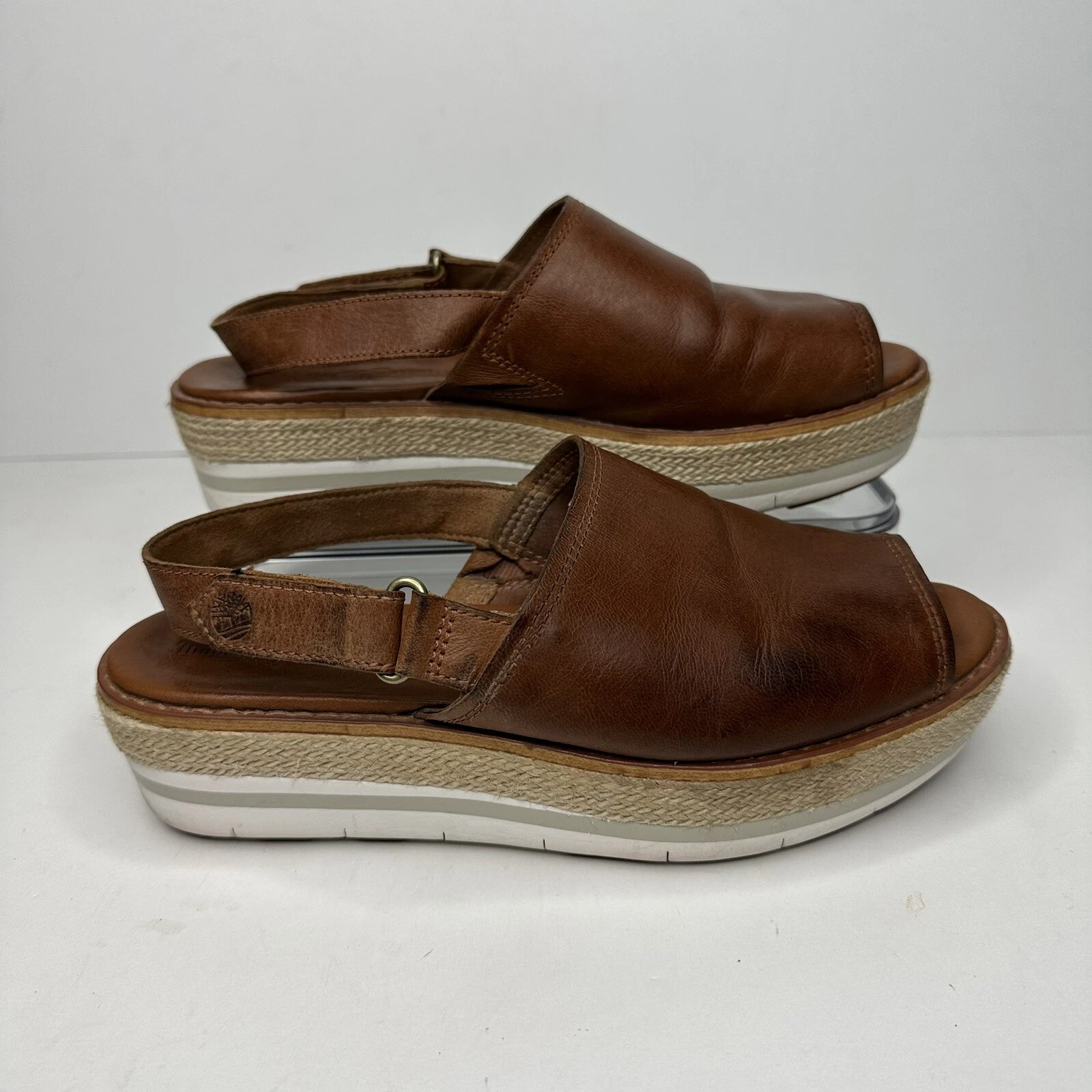 Timberland sandalo slingback in pelle da donna taglia 7 marrone plateau scarpe punta aperta