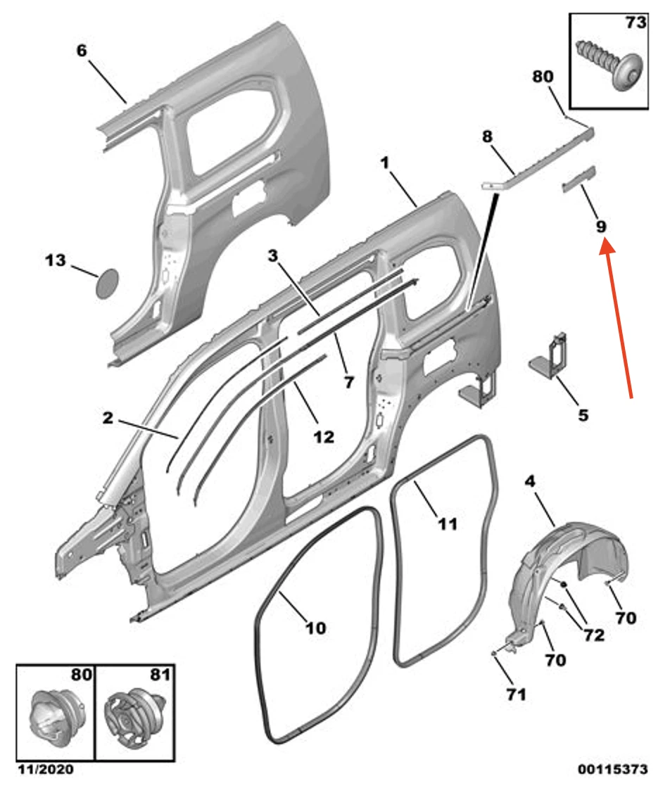 CITRO N BERLINGO K9 Rear Left Fender Molding 98355370XT New Genuine 