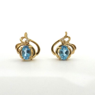 14k Gold Natural Blue Topaz Diamond December Birthstone Stud Earrings New