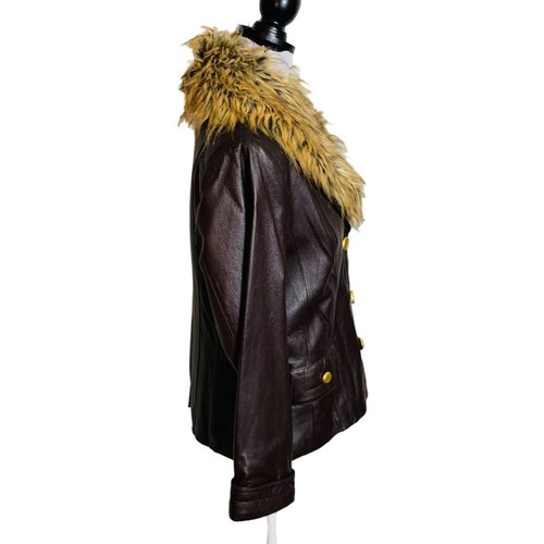 Terry Lewis Brown Leather Jacket Sz PS Faux Fur Collar Gold Buttons VTG Retro - Picture 5 of 14