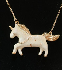 Swirled White Enamel Unicorn Pendant Gold tone 16" Necklace.