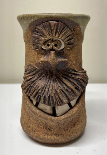 Stoneware Face Mug Cup Mustache Teeth Folk Art Pottery 3D Signed VTG Handmade