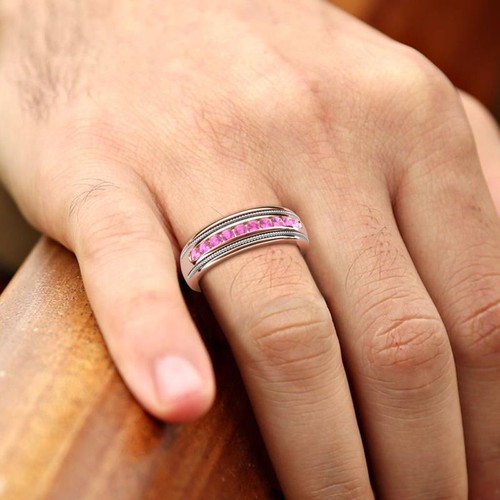 Pink Sapphire 2 Toned & High Polished Edges Men Wedding Band 14K Gold JP:322840 - Picture 16 of 16