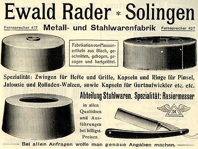 Ewald Rader Solingen METALL- und STAHLWARENFABRIK Historische Reklame von 1908