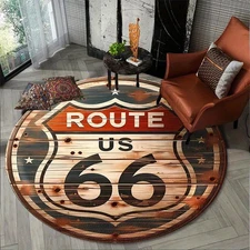 Route 66 Round Mat - High-Quality Flannel, Non-Slip Pet-Friendly Mat for Living