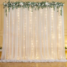 10ft x 7ft White Chiffon Backdrop Curtain with Lights String for Parites Wedd...