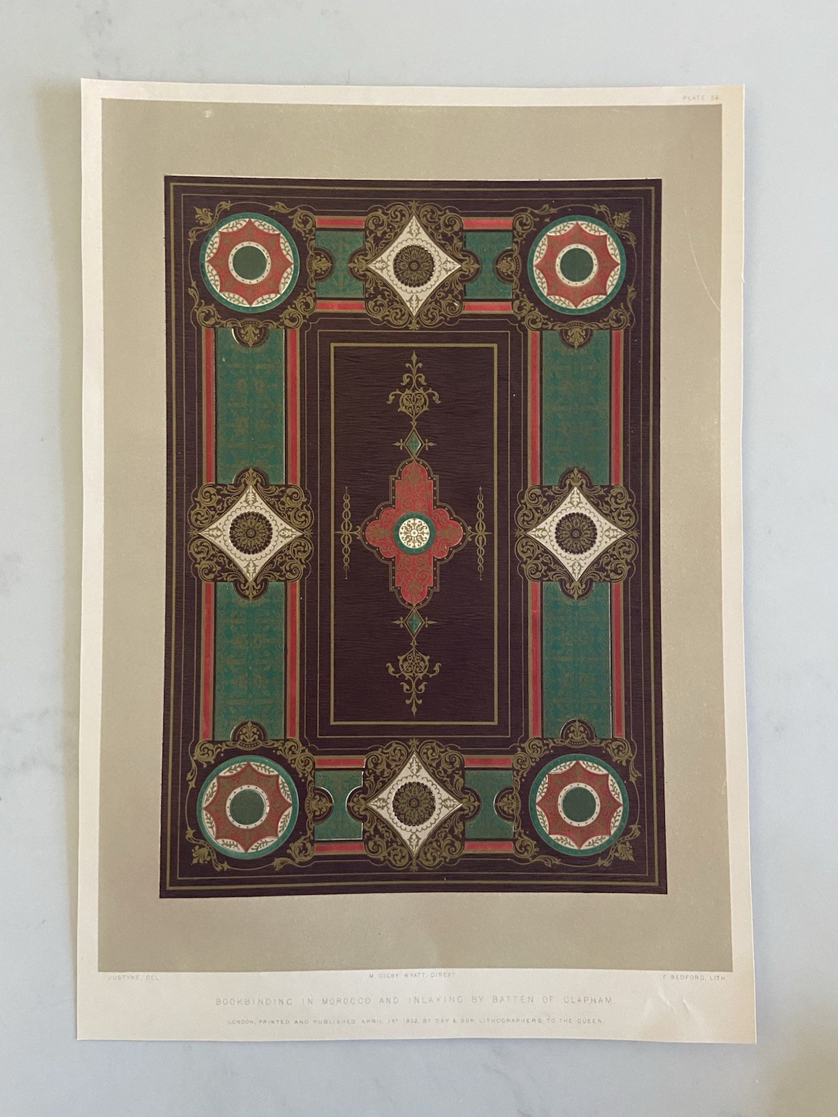 Antique Victorian Decorative Print – 1852 Bookbinding in Morocco & Inlaying 