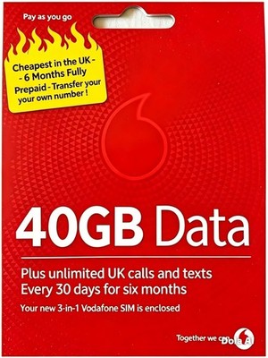  Siehe Beschreibung  KOMPLETTE 6 Monate BEZAHLT Unbegrenzte Anrufe SMS + 40GB    