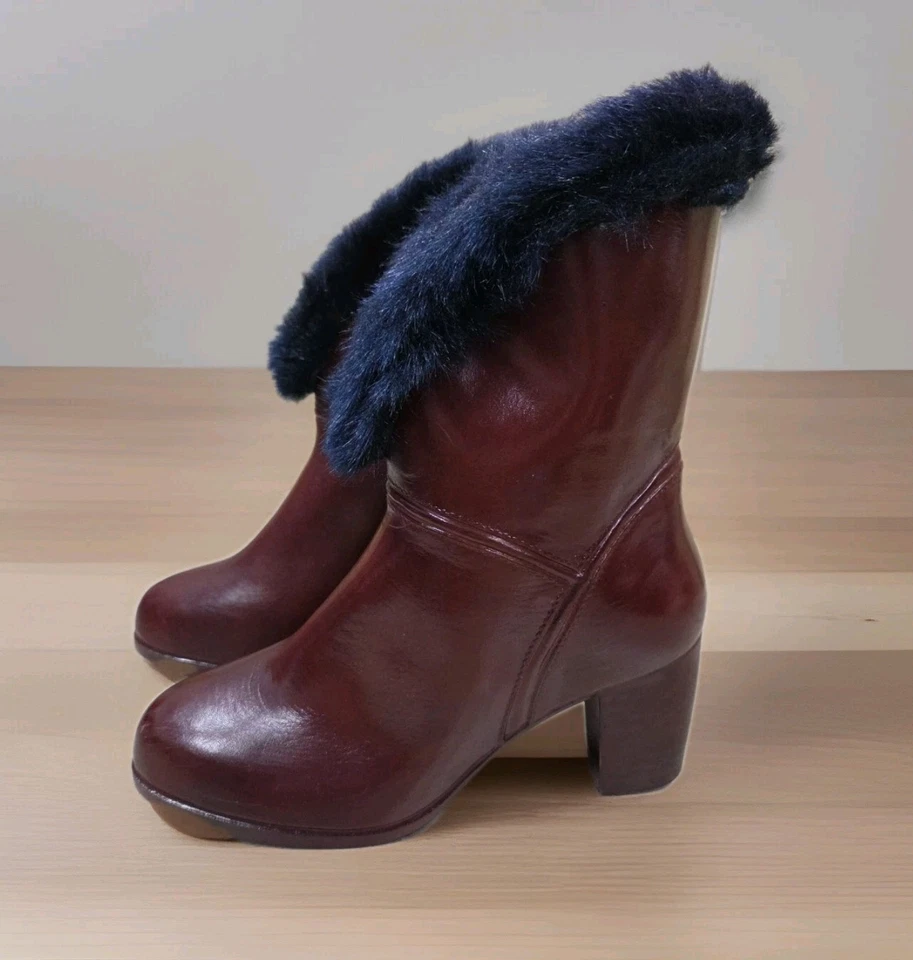 Бургундские ботинки искусственного меха отделки блок каблук зимние модные размер 7 - Изображение 2 из 4