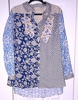 Soft Surroundings V-Neck Button Front Tunic Blouse Eyelet Detail Floral 1X