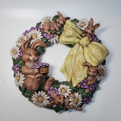 Vintage Scioto Easter Ceramic Embossed Bunny Rabbits Daisy Flowers Wreath Spring