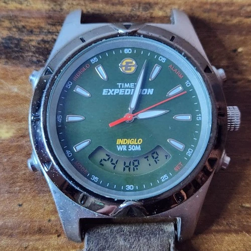 VTG Timex Expedition Watch 40mm Green Dial Indiglo Digital Analog New Battery