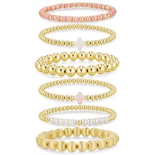 Y Gold Beaded Bracelets Set for Women Teen Girls - 14k Gold-Plated Dainty Beaded
