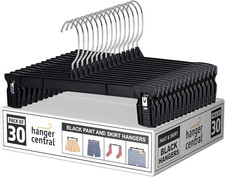 Hanger Central 30 Pack Heavy Duty Slim Plastic Pants Hangers with Clips - Black