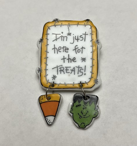 VTG Halloween Brooch Pin Frankenstein Ceramic Dangle Charms Candy Corn Treats