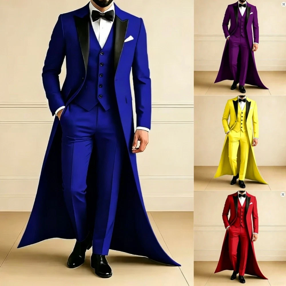 Men's Tailcoat Suit Set Formal Prom Wear Fashion 3 Piece for Red Banquet Wedding