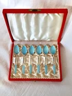 6 small DANISH BLUE ENAMEL SILVER SPOONS - FRIGAST STERLING DENMARK - 1950