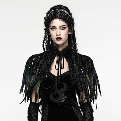 PUNK RAVE Gothic Umhang Black Raven Cape Schwarz Federn Pailletten Halloween