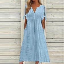 Ladies V Neck Long Dresses Women Summer Holiday Hawaiian Short Sleeve Sundress