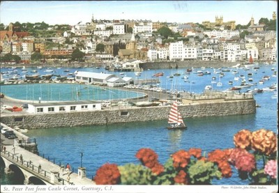 Vintage John Hinde Postkarte St Peter Port Castle Cornet Guernsey Hafen 2J61
