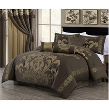 Luxurious 7-Piece Jacquard Floral Comforter Set for Queen Beds - Coffee Gold